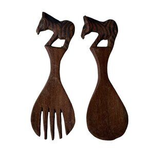 Fork‎ Spoon Set African Striped Zebra Hand Carved Safari Ranch Folk Art Size 4"